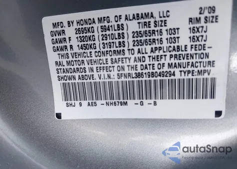 2009 Honda Odyssey Ex-L из США, поврежденный, VIN 5FNRL38619B049294